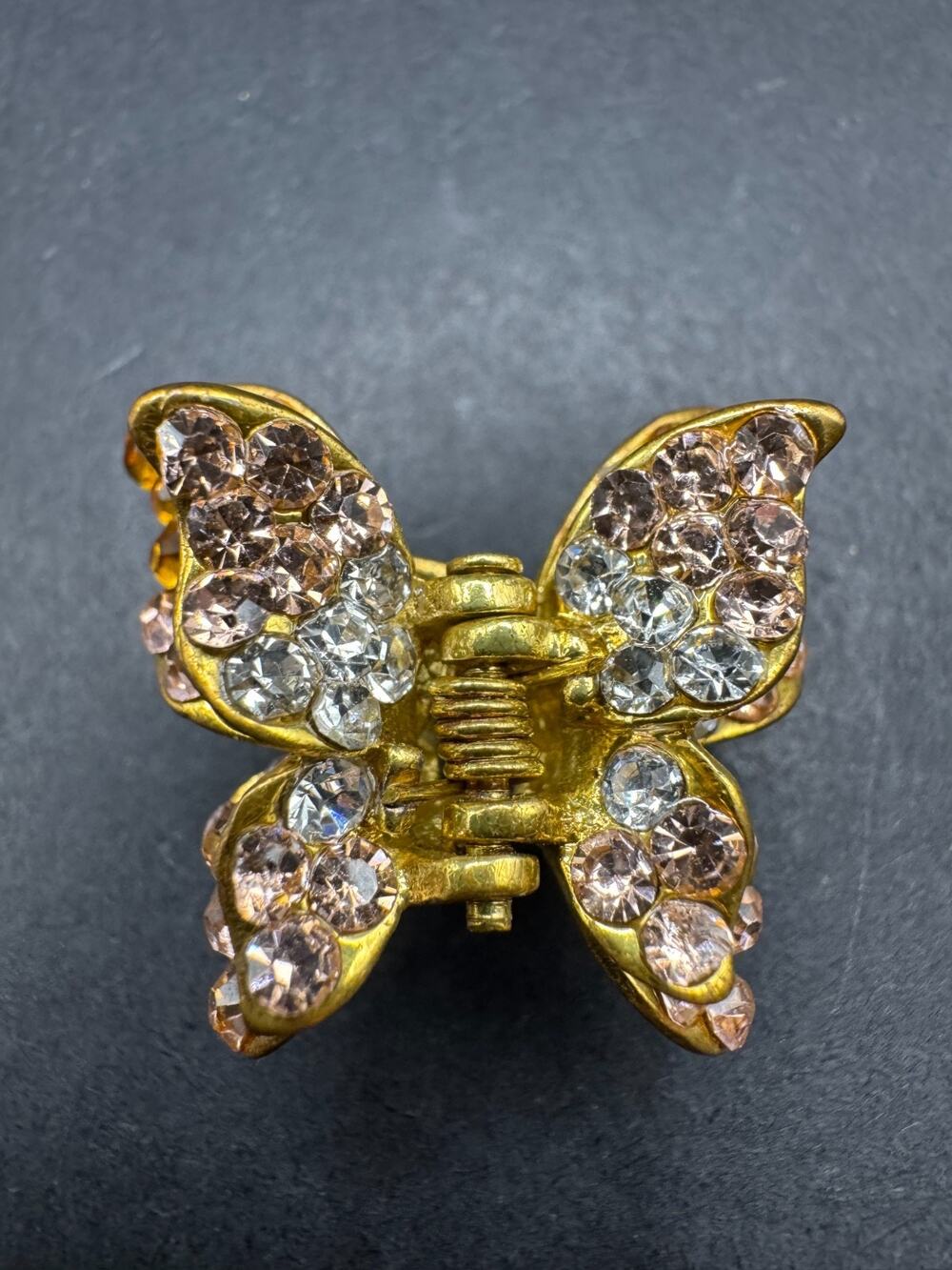 Vintage QS Signed Butterfly Hair Claws Metal Gold Tone Clear Rhinestones